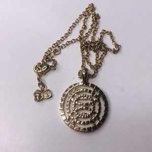 Gold Tone Necklace Medallion Round Charm Pendant Stamped F Adjusts 18-20"